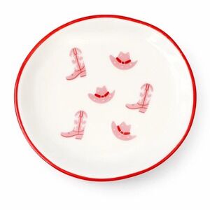 Pink Cowgirl Boot Western Hat‎ Ceramic Trinket Dish Jewelry Tray Red Rim Round